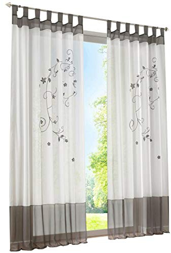 BAILEY JO 1er-Pack Gardine Schlaufen Gardinen mit Blumen Bestickt Transparent Voile Vorhang (BxH 140x175cm, grau)