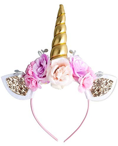 Zhichengbosi Einhorn Stirnband Gold Einhorn Horn Stirnband mit Ohren und Blumen für Halloween Weihnachten Geburtstag Party 1 Stück (Goldene)