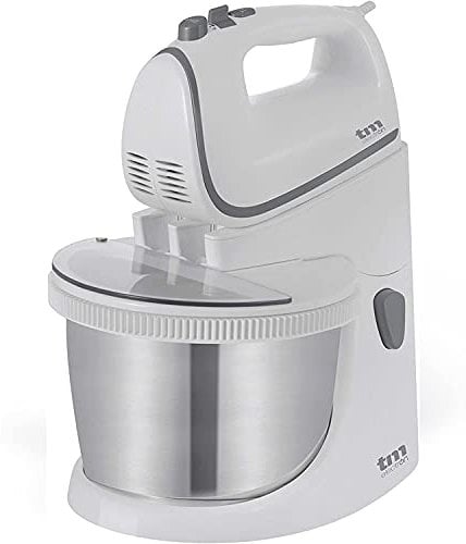 TM Electron TMPBA114 batidora amasadora para repostería de 450 w con bol 2.5l de acero inoxidable, ganchos para amasar, varillas y tapa antisalpicadura transparente