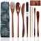 Wooden Cutlery Set Portable, Reusable Wooden Bamboo Utensils Travel Cutlery Utensils Set with Case, 9 Pcs Wooden Flatware Including Reusable Knife Fork Spoon Chopsticks