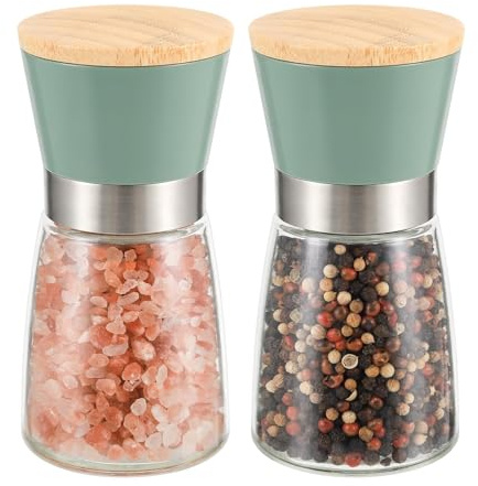 Vucchini Salt and Pepper Grinder Set with Bamboo Lid | Adjustable Coarse Salt and Pepper Mills Refillable Ceramic Burr Kitchen Gift Manual Spice Grinder Green