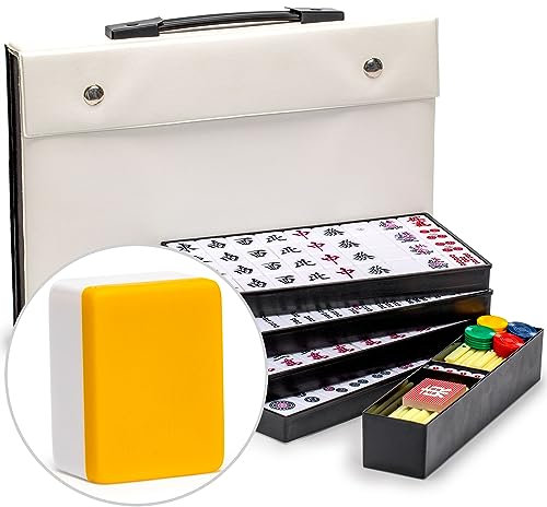 Yellow Mountain Imports Japanisches Riichi Mahjong-Set - Große Weiße und gelbe Spielsteine und Vinyl-Etui - mit Ostwind-Spielstein, Satz Punktestäbchen und Würfeln