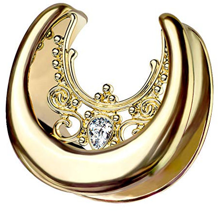 Halbrunder Flesh Tunnel Ohr Piercing Ear Plug Ohrpiercing Spreader Tribal Halbrund Creole Stretcher Ohrring mit Glitzer Strass Kristall Gold 14mm