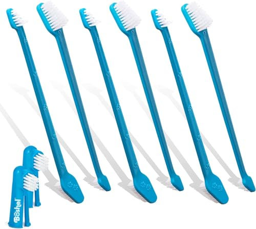 Boshel Hundezahnbürsten-Set – 8er-Pack – 6 doppelseitige Zahnbürsten mit langem Griff und 2 Fingerzahnbürsten – Hundebürsten mit weichen Nylonborsten – Mundpflegeset hält Groß und Klein