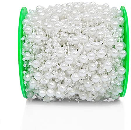 60m Perlengirlande Perlenband Perlenkette Perlenschnur Geschenkband Dekoband mit Perlen für DIY Basteln Party Tischdeko Hochzeit Braut Haarschmuck Ohrringe Halskette Brautstrauß Weihnachten,Weiß