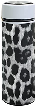 Animal Print, Black White Leopard Skin Texture, Black White Dots Stainless Steel Water Bottle, Double Walled Genuine Leather Cover Holder 11.8 Oz,Leak-Proof Vacuum Insulated Travel Coffee Mug