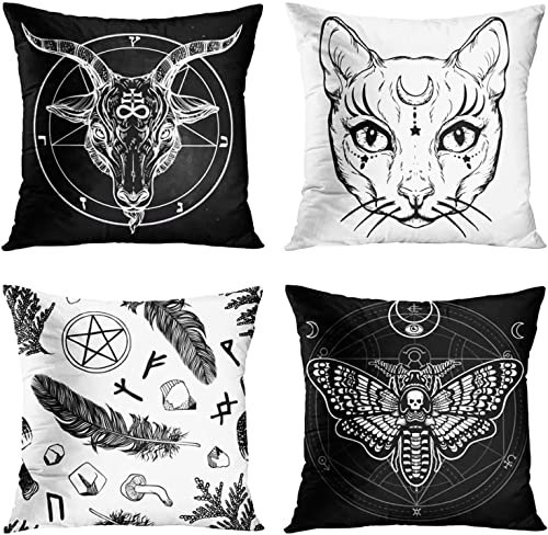 ZHILING Kissenbezug 45x45cm Wohnkultur 4er Set Kissenbezüge Dekorativ für Bett Sofa Kissen Couch Outdoor Steinbock Katze Federmotte Gothic Kissenbezüge 18x18 Zoll (Schwarz und Weiß)