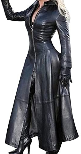 Hebezn Damen PVC Leder Trenchcoat Jacke Mit Reißverschluss Sexy Kleid Body Clubwear Langer Lack-Mantel (Color : Black, Size : 4XL)