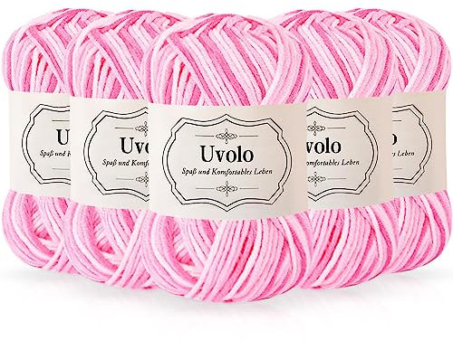 Uvolo Handstrickgarn Farbverlauf 250g Set (5 x 50g), 100% Acrylgarn in 40+ Farben, Häkelgarn Bunt Regenbogen, Mehrfarbiges Garn zum Stricken Häkeln und Bastel-33 Rosa Weiß