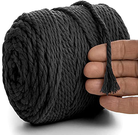 MeriWoolArt® Makramee Garn 6mm 100m Schwarz, Baumwollgarn Kordel, Dicke Macrame Cord für Makramee Wandbehang, Blumenampel, Vorhang und Mehr DIY Deco (Schwarz, 6mm x 100m)