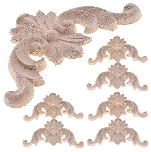 Hezhou Holzornament für Möbel - Vintage Deko Geschnitzte Skulptur Applique Onlay - Lange Unbemalte Holzschnitzerei Applikation (6 Stück)