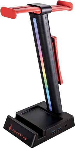 SureFire Vinson N2 Multifunktions-Headset-Ständer Schwarz, Halter für 2 Gaming Kopfhörer, Headset Stand mit RGB Beleuchtung & USB-Hub (USB-A + USB-C + 3,5mm Audio), 28cm Halterung
