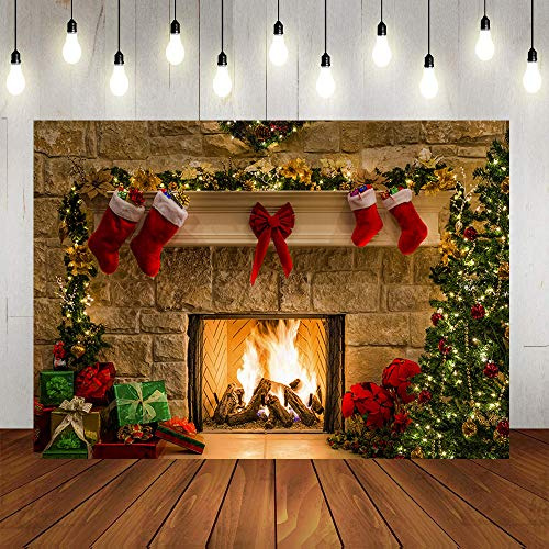 Aisnyho Telón de fondo de Navidad para chimenea de Navidad, calcetines rojos, regalos para fotografía decoración, pancarta de fotos, accesorios de cabina de 8 x 6 pies