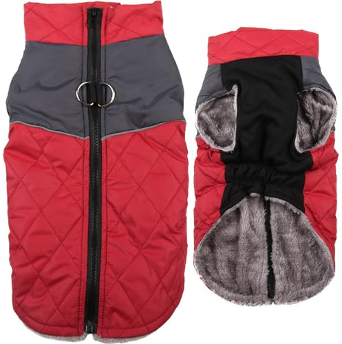 JoyDaog Warmer Fleece-Hundemantel, Hundejacke, Hundekleidung für mittelgroße Hunde, D-Ringe, wasserdichte Welpenjacke für kalten Winter, rot, Größe L