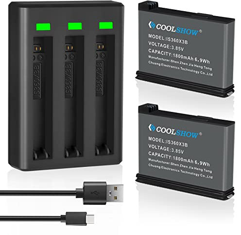 COOLSHOW Action Kamera Akku 1800mAh 2 Stück und Dreifach Ladegerät Set für Insta360 X3 und X3 Ladegerät mit Typ-C und Micro-USB-Ladeschnittstelle für Insta360 X3 Kamera(Ersatz für Insta360 X3 Akku)