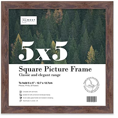 Almost Frameless 5x5 Walnut Picture Frame 5x5 (12.7x12.7cm) Poster, Photo, Artwork, or Print. Thin Edge Slim Frame Portrait and Landscape Display with Wall Hooks