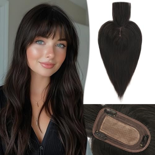 RUWISS Echthaar Hair Topper für Frauen Krone Toppers With Pony Kurze Perücken Haarteile für Dünnes Haar 7.5 * 13CM Silk Base 100% Echtes Menschliches Haar Clip in Topper 35 CM 45g (Natürlich Schwarz)