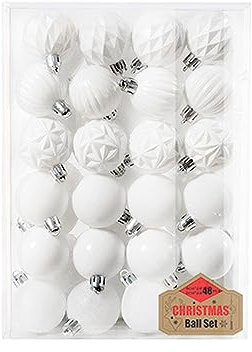 48 Stück Weihnachtskugeln Kunststoff Set, 6cm Weihnachtskugel Christbaumkugeln, 4cm Weihnachtsanhänger, Weihnachtskugeln für Weihnachtsbaum, Hochzeit, Partys, DIY Dekoration, Weiß