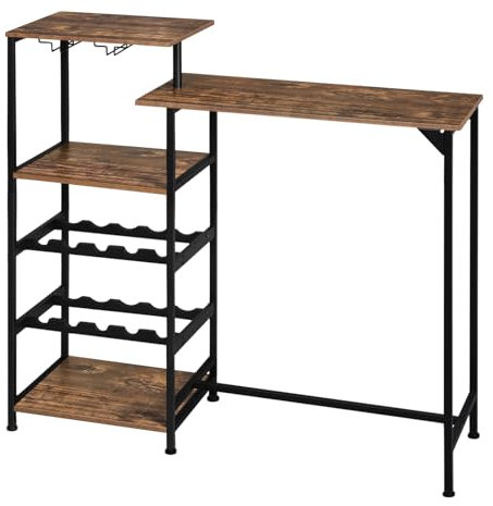 WOLTU Bartisch Stehtisch Küchentisch Bistrotisch, mit 4 Ablagen 2 Glashaltern, industrieller Tisch, Hochtisch aus Metall Holzwerkstoff, Vintage-Braun, BT45hov