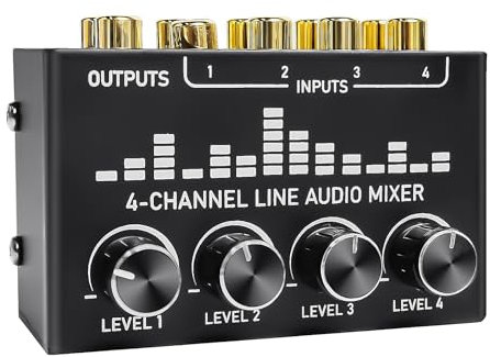 Aveek Mini Audio Mixer,petite console de mixage à 4 canaux RCA stéréo à très faible bruit avec contrôles de volume individuels pour microphone,guitares,claviers,table de mixage pour la scène