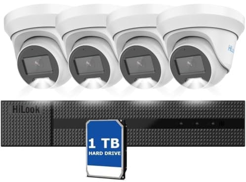 HiLook Home Security Camera System 4-ch 3k DVR 1U H.265 with Hard Drive and CCTV 4x 3K Full Color in Night, Audio Fixed Turret Camera, Motion Detection, IP66 (1 TB)