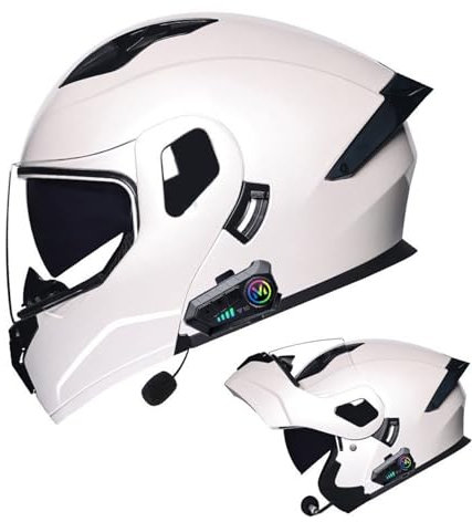 RUYICZB Modularer Bluetooth-Motorradhelm, DOT-Zugelassener Hochklappbarer Integralhelm, Doppelvisierhelm Mit Mikrofon, Für Männer Und Frauen,Weiß,M