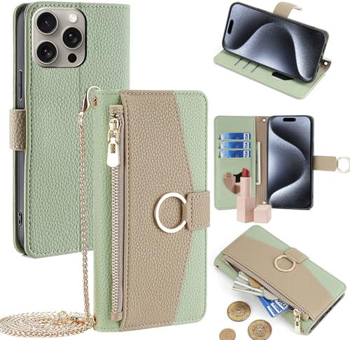 SINQERISHT Mobile Phone Chain Mobile Phone Case for iPhone XR, Wallet Case PU Leather with Zip, Card Slot, Stand and Cord Chain, Mirror, Mobile Phone Case, TPU Bumper Magnetic Closure, Folding Case