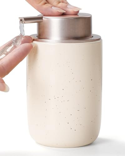 Seifenspender Umlaca Spülmittelspender, Nachfüllbarer Soap Dispenser Keramik 350ml, Großer Pumpenkopf lässt Sich leicht drücken, Geeignet für Küche, Bad (Beige + Rosa, Flüssigseifenspender)