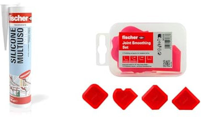 Fischer Silicone Acetico Multiuso SAM 280 Trasparente + KIT Spatole, Sigillante Antimuffa per Vetro, Alluminio, Smalto, Ceramica, Adatto per Bagno e Cucina, 9351 +