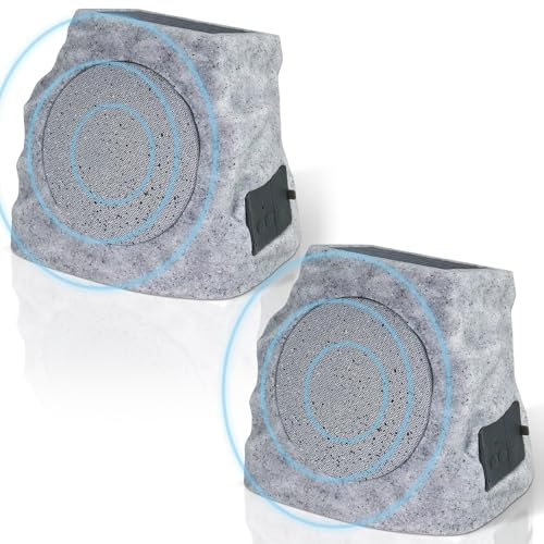 GGII 2-Pack Solar Powered Rock Speakers Outdoor Water-Resistant with 3 Mode Lights and Pair Function USB Rechargeable for Patio Garden Party Pool Outside(Two)