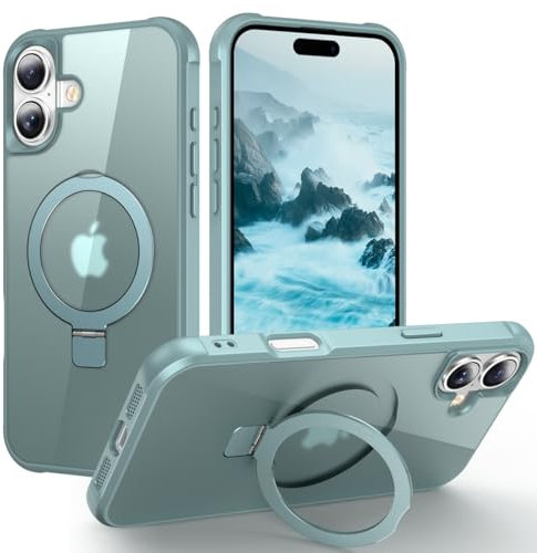 Unichthy Magnetic Stand iPhone 16 Case Support Magsafe Shockproof Military-Grade Protection Slim Hard Translucent Matte |Built-in Invisible Stand| iPhone 16 Phone Case Cover Teal
