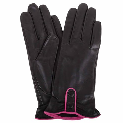 SNUGRUGS Womens Genuine Soft Leather Gloves with Contrast Piping and Twin Button Detail - Black/Fuchsia - Extra Large