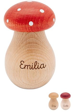 wunderwunsch® - Personalisierter Nussknacker Pilz mit Gravur aus Holz Pilze Deko - Nussknacker Walnüsse - Nussknacker Deko oder Adventskalender Füllung (mit Name,Rot Fliegenpilz)