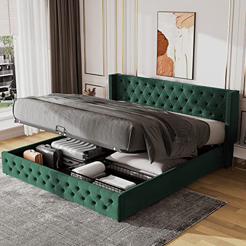 MQLAE Green Ottoman Upholstered Bed Frame with Velvet Headboard, 4ft6 Double Platform Bed with Hydraulic Lever, Storage Bed/Industrial Metals/No Box Spring Needed/Noise-free/Easy Assembly