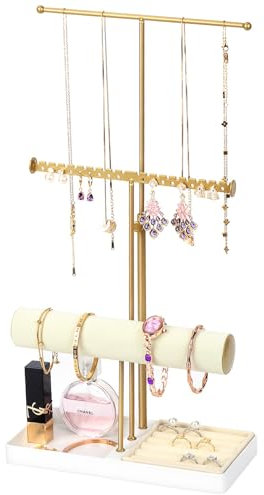 Kukikan Jewelry Organizer Stand with Velvet Bracelet Holder, 3 Tier Sturdy Hangers for Necklaces, Watches, Rings, Earrings, Adjustable Tall 17.1 (Max), Gold Metal Jewelry Tower Gift for Women