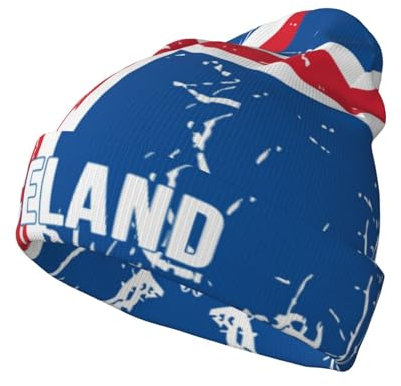 FAGIUCHI Iceland Font (3) Flags Strickmütze Slouchy Beanie Volldruck Mützen Totenkopf Wintermützen Schwarz, Schwarz , 7 1/8-7 1/4