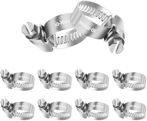 10 Pcs Silver 3/8 Hose Clamps Stainless Steel, Adjustable Worm Gear for 3/8-5/8 Heater Hose Radiator Hose Fuel Line Clamps, Must-Have Car Tools (3/8-5/8)