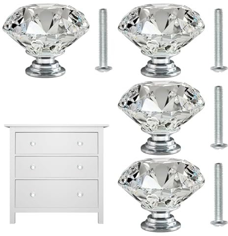 4 Pcs Crystal Knobs, Diamond Cabinet Knobs Drawer Pull Door Handles Modern Style Crystal Glass Door Drawer Knob with Screws for Dresser Drawers and Kitchen Bathroom Cabinet Office (Transparent 20mm)