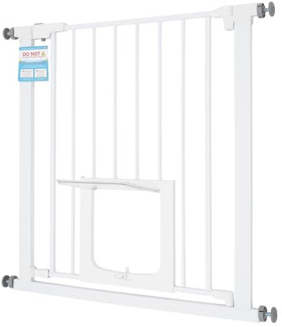 Baby-Sicherheitstor mit Katzenklappe (76cm) – Erweiterbar von 75-82cm, Doppelverriegelung & 180° Drehtür, ABS/Kohlenstoffstahl für Treppen/Türen, inkl. 2 Verlängerungen (weiß)