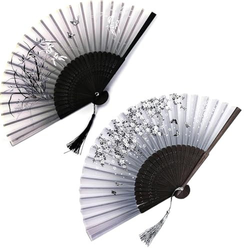 2 Pcs Chinese Fans,Portable Folding Hand Fan Silk Fabric Bamboo, Hand Fan Folding with Tassel Hollow Carved, for Birthday Gifts Dancing Cosplay Wedding Party Props Decoration (Pink, Black)
