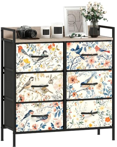 HOMCOM Bedroom Chest of Drawers, Fabric Dresser with 6 Drawers, White | Open Shelf, Steel Frame, Living Room, Hallway