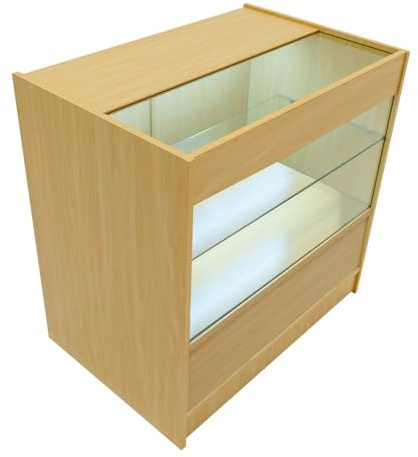 Maple Shop Counter LED Light C 900mm Lockable Sliding Doors 2 Keys Retail Storage Unit Display Showcase Cabinet Reception Desk Clothing Jewellery Store 3 Shelves 2 Glass 1 Enclosed White Lighting