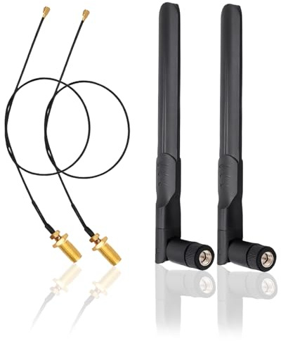2-Pack WiFi Antenna Aerial 2.4GHz, 5GHz, and 5.8GHz 8dBi Omni-Directional RP-SMA Male Antenna with 25cm RP-SMA Female to M.2 NGFF Extension Pigtail Cable for Wireless Network Cards