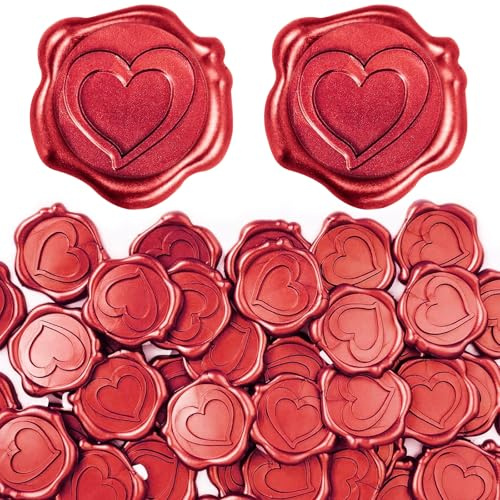 Amentalove 50 Stück Wachssiegel Selbstklebend Rot, Wachssiegel Aufkleber Vintage, Siegelaufkleber Hochzeit, Briefsiegel für Einladungen, Umschläge, Geschenke, Geburtstage, Weihnachtsfeiern (Herz)