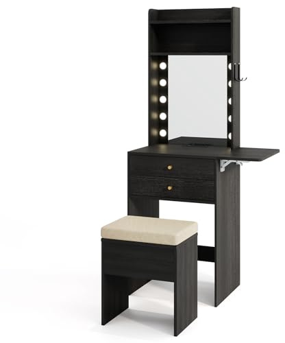 Multigot Dressing Table and Stool Set with 3-Color LED Lights Mirror(Black) | Small Ladder Vanity Desk with Charging Station, 2 Drawers, Storage Shelves and Hooks, Drop-Leaf Makeup Cosmetics Table Set