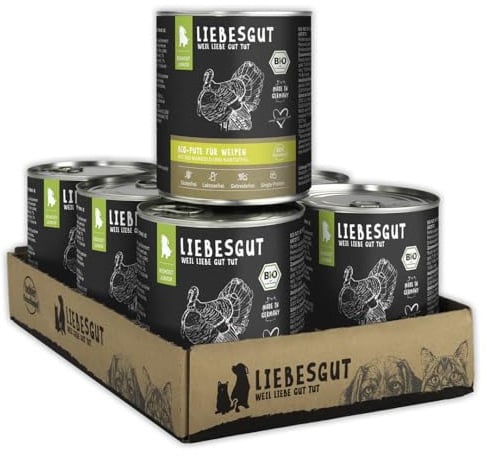 Liebesgut Bio Hundefutter Nass Bio-Pute mit Bio-Mangold und Bio-Kartoffel, extra viel Fleisch, 6x800g, produziert in Bayern
