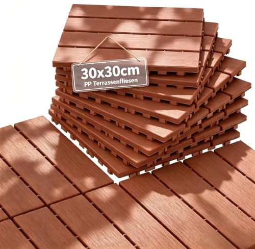 Suusolny Klickfliesen Holzoptik 30x30cm Braunrot, Außenbodenbelag 1 m² | 30x30cm Kunststoff Klickfliesen mit geradem Streifen Holzoptik Farbe Braunrot passend für Terrasse Garten Innenbereiche