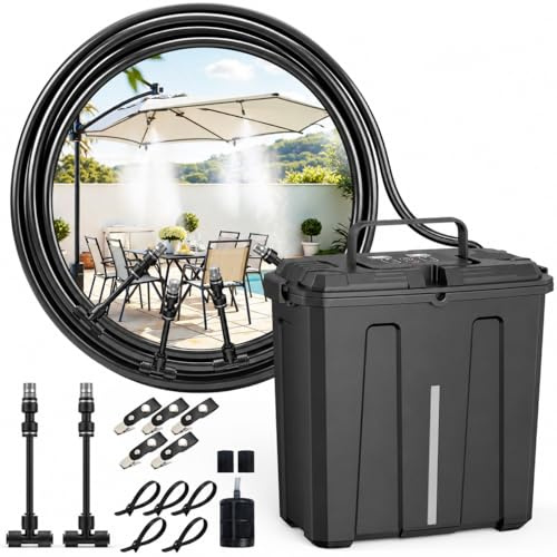 Ausic Sistema de nebulización portátil, rociadores de agua al aire libre para exteriores y patio, refrigeración con bomba de agua recargable (8 horas consecutivas), cubo de 9 litros, manguera de 26