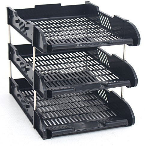 Set Of 3 Black A4 Foolscap Desk File Letter Trays & 8 Metal Riser Rods