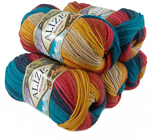500g Strick-Garn ALIZE BURCUM Batik Strick-Wolle Handstrickgarn, Farbe wählbar, Farbe:4340 blau-rot-terracotta-gelb